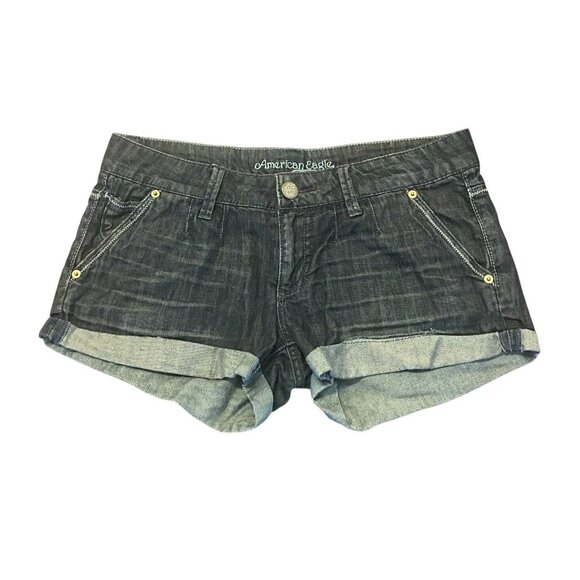 American Eagle Micro Mini Low Rise Cuffd Shorts Womens 6 2000s Dark Denim Hottie - Picture 2 of 8